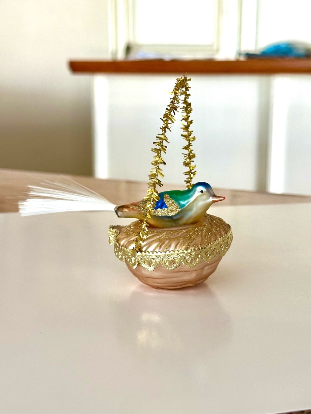 Vintage Blumchen Bird in Nest Glass Christmas Ornament Germany
